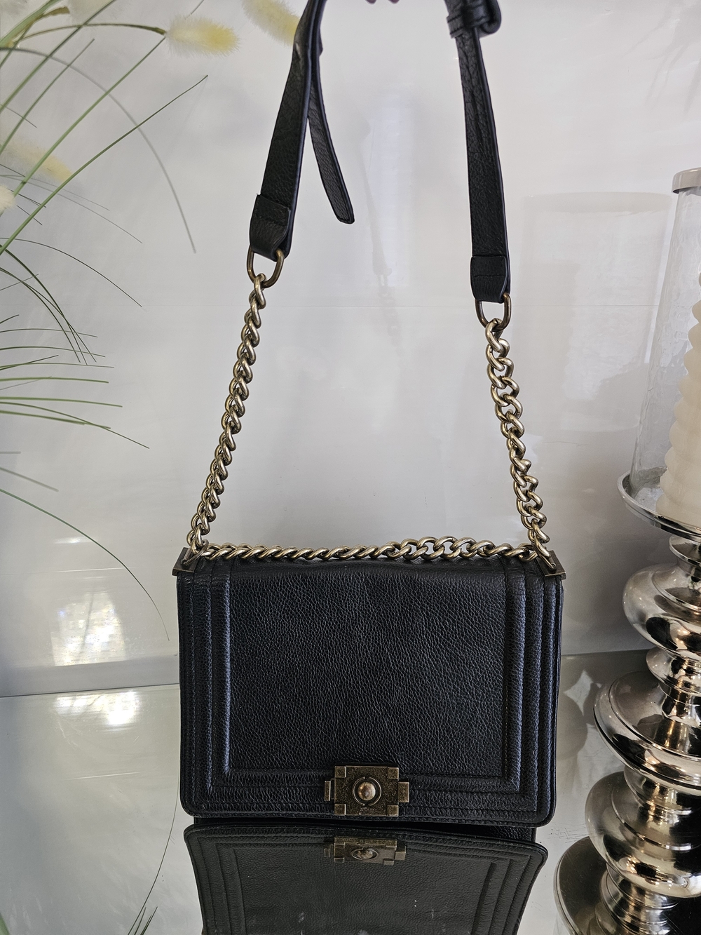 Black Leather Chain-Handle Shoulder Bag